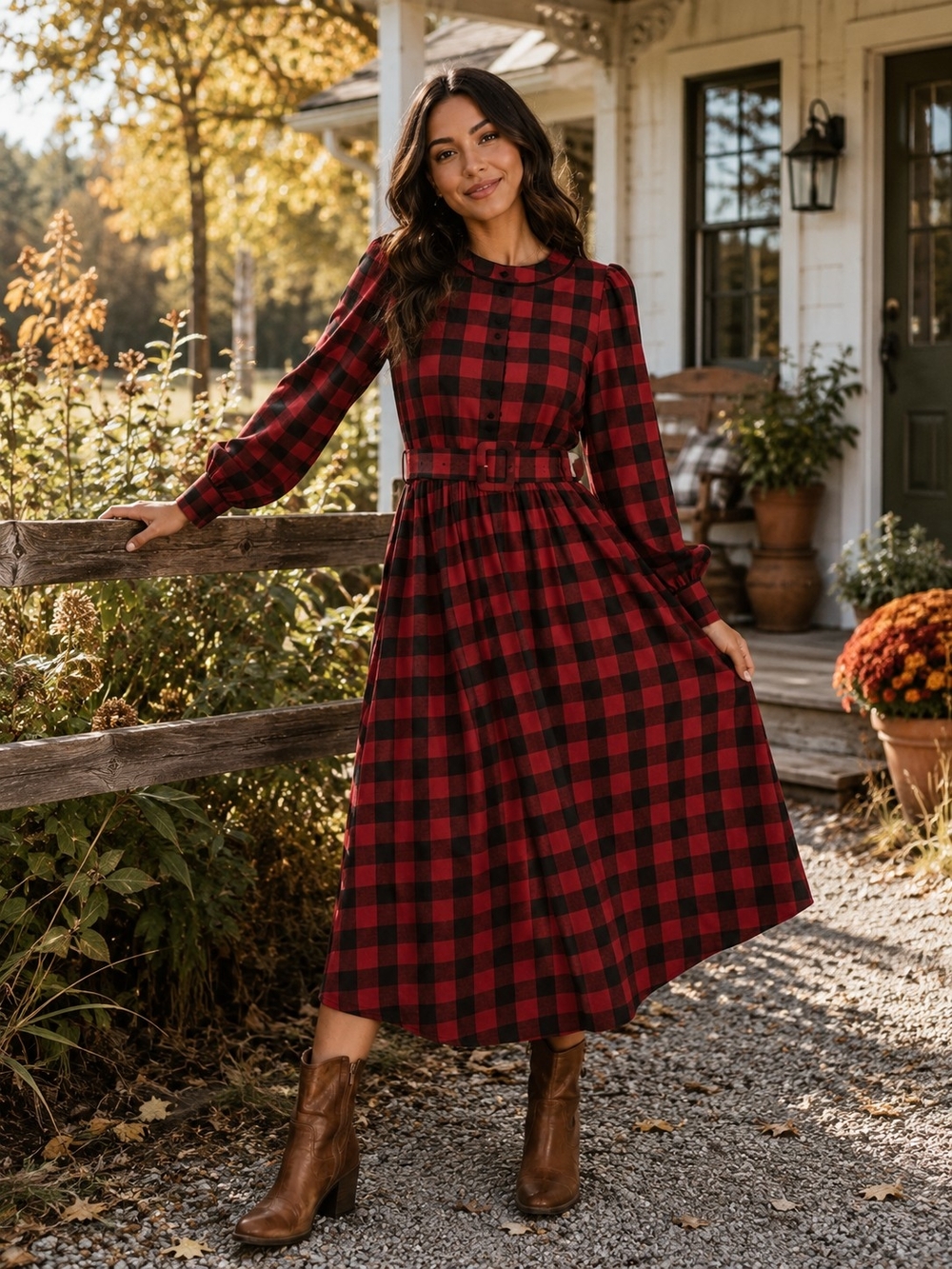 J.G. Hook Vintage Long Sleeve Red and Black Buffalo Plaid Midi Dress with Belt